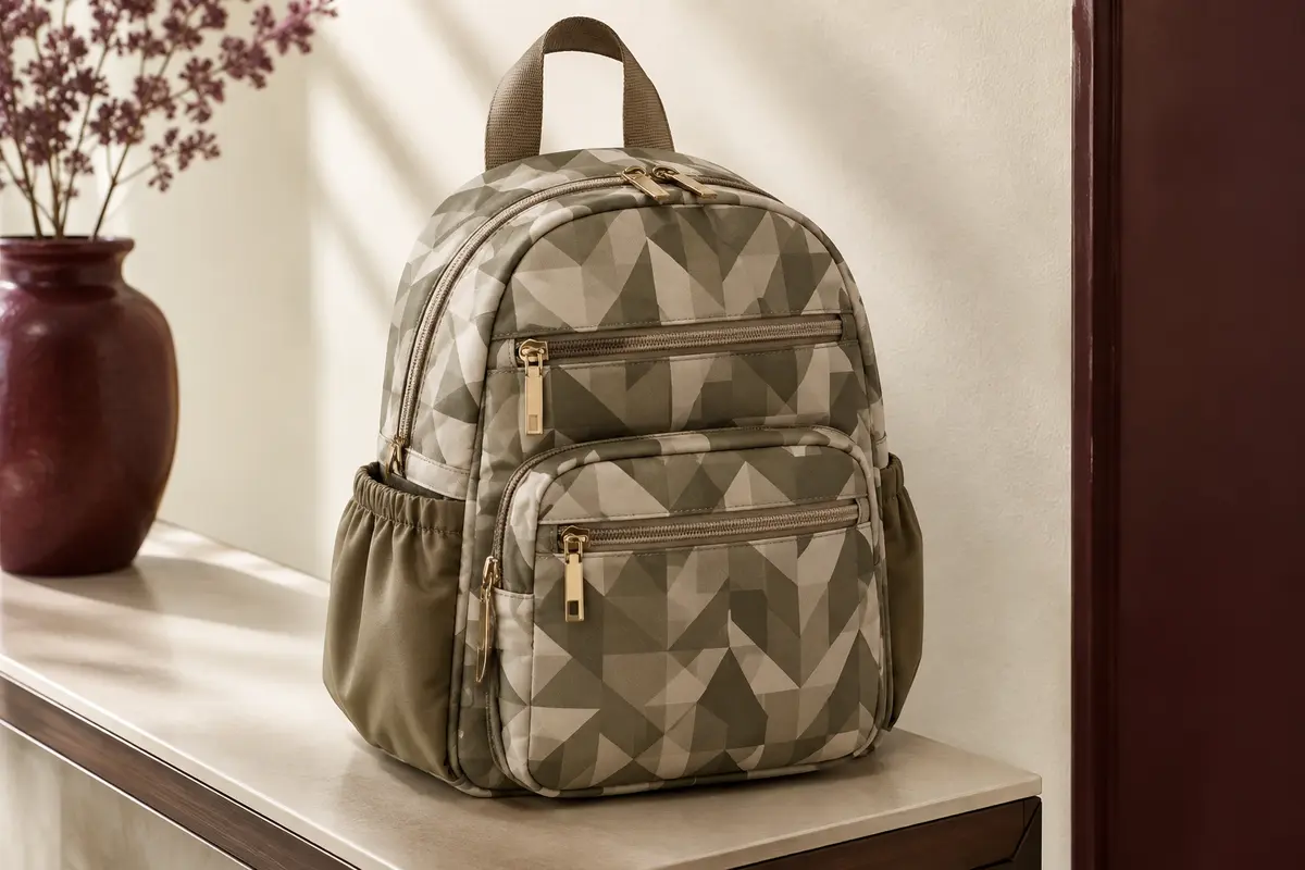 Mini sac à dos kaki et beige en nylon, posé dans un intérieur crème, avec poches et poignée visibles.