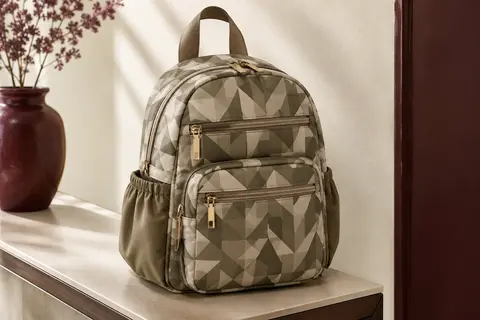 Mini sac à dos kaki et beige en nylon, posé dans un intérieur crème, avec poches et poignée visibles.