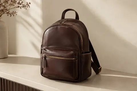 Petit sac à dos marron foncé en PU posé dans un intérieur crème, avec poches zippées et poches latérales.