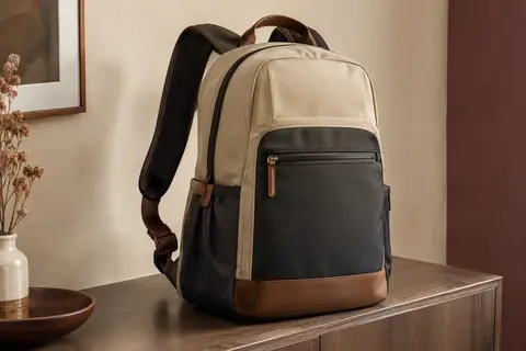 Sac à dos beige, noir et marron en polyester, posé dans un intérieur crème, avec bretelles rembourrées visibles.