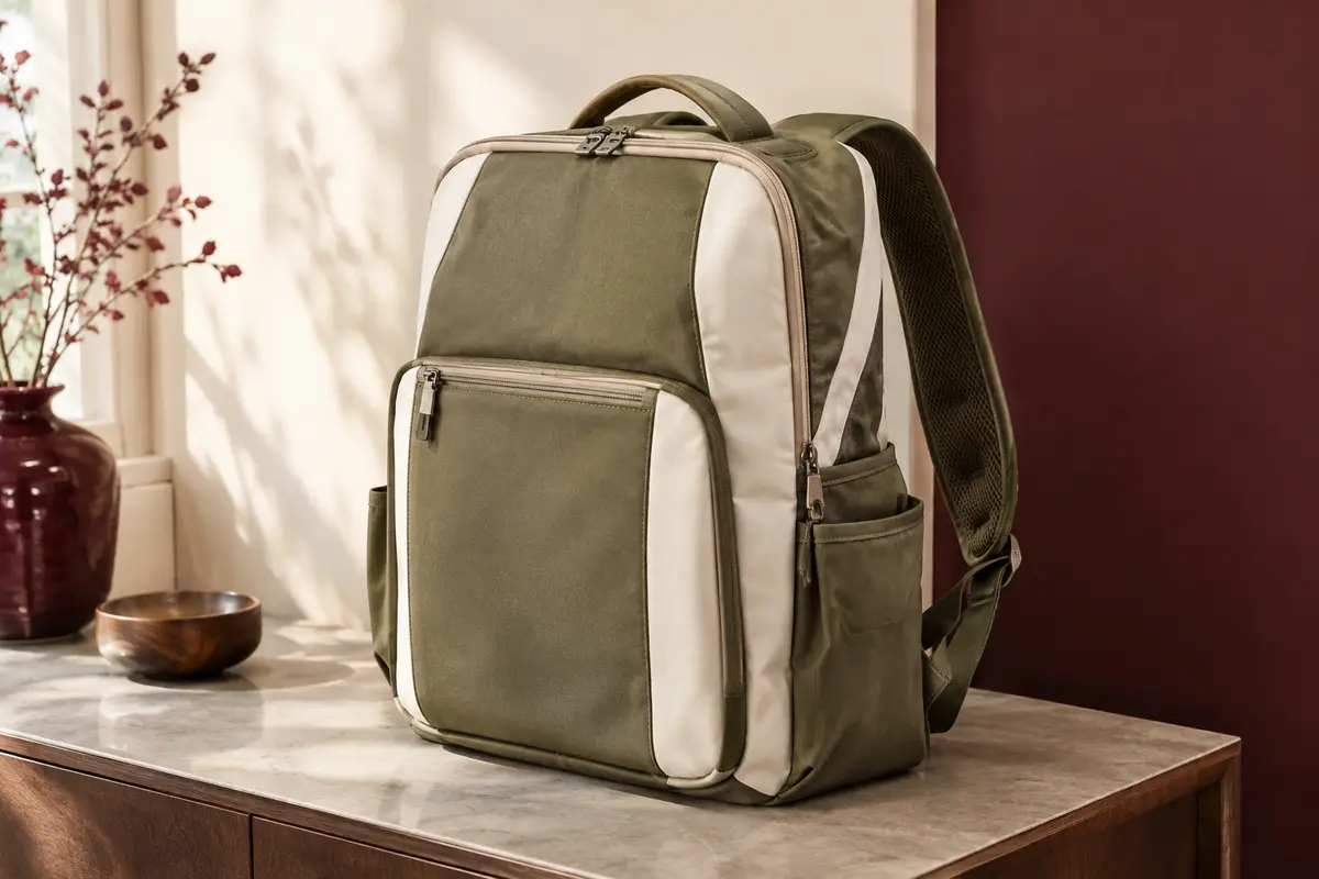 Sac à dos ordinateur Lovevook kaki et blanc posé sur une console dans un intérieur crème, avec sa grande ouverture visible.