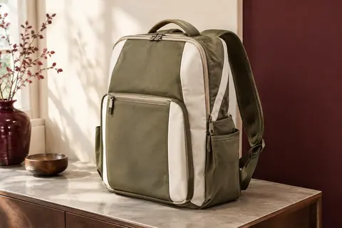 Sac à dos ordinateur Lovevook kaki et blanc posé sur une console dans un intérieur crème, avec sa grande ouverture visible.