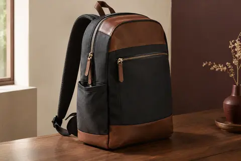 Sac à dos noir et marron pour ordinateur, avec plusieurs rangements et une sangle pour valise