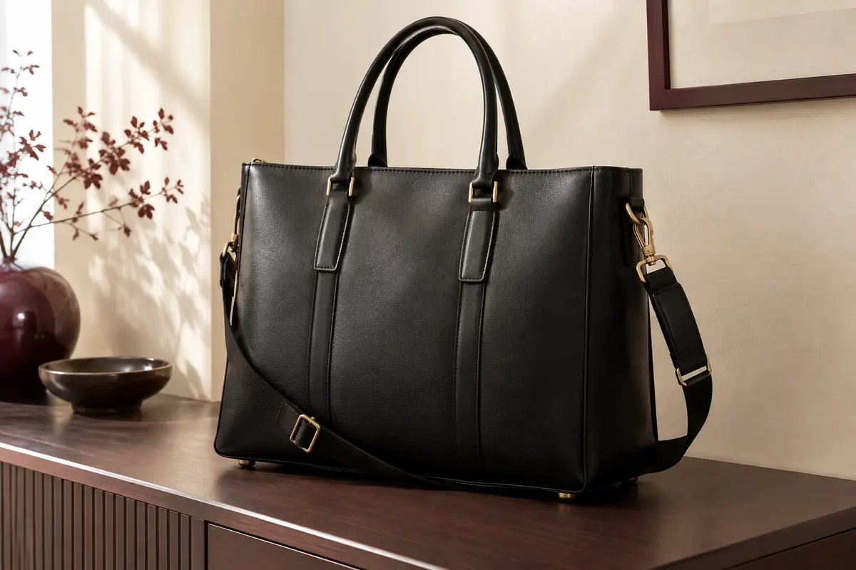 Sac cabas noir en simili cuir avec bandoulière réglable et pieds métalliques, posé dans un intérieur crème.