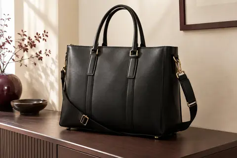 Sac cabas noir en simili cuir avec bandoulière réglable et pieds métalliques, posé dans un intérieur crème.