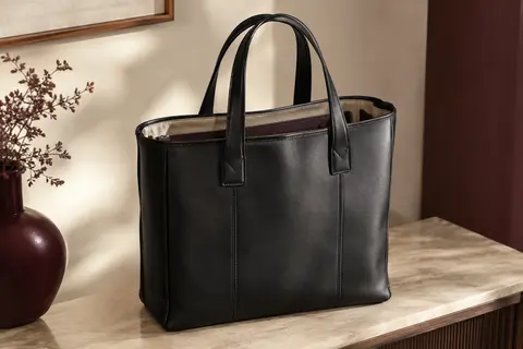 Sac cabas Lovevook en simili cuir noir, posé dans un intérieur crème avec ses poignées visibles