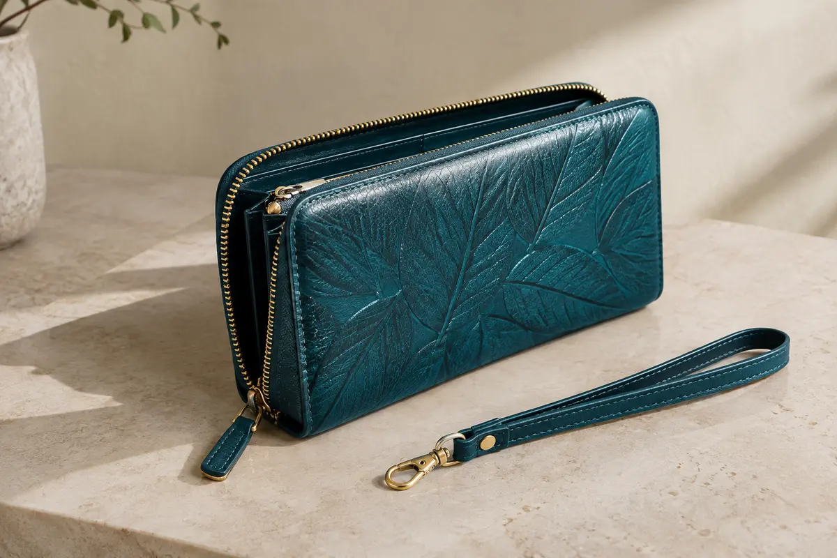 Portefeuille long bleu paon en cuir véritable à motif feuille, posé dans un décor crème.