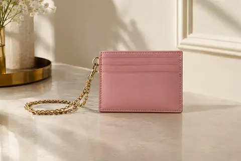 Porte-cartes compact rose en cuir véritable avec sa chaîne, posé dans un intérieur clair à la lumière naturelle.