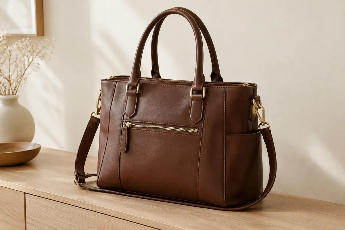 Sac cabas Mabecol marron café posé sur une console, avec poignées, bandoulière et poches visibles.
