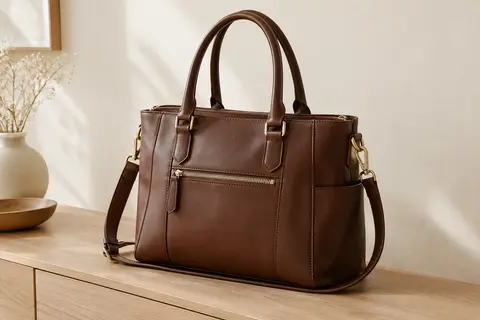 Sac cabas Mabecol marron café posé sur une console, avec poignées, bandoulière et poches visibles.
