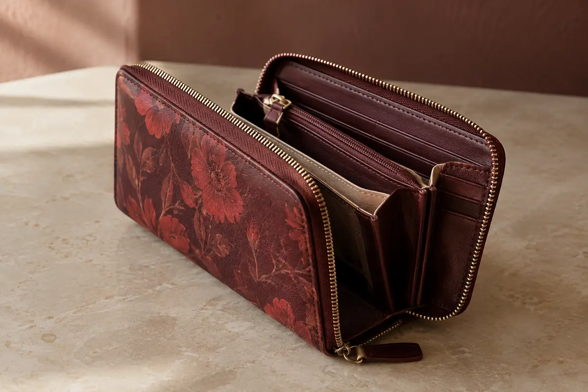 Portefeuille en cuir au motif floral rouge, ouvert pour montrer ses compartiments et ses fenêtres intérieures.