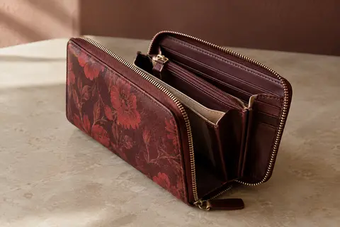 Portefeuille en cuir au motif floral rouge, ouvert pour montrer ses compartiments et ses fenêtres intérieures.