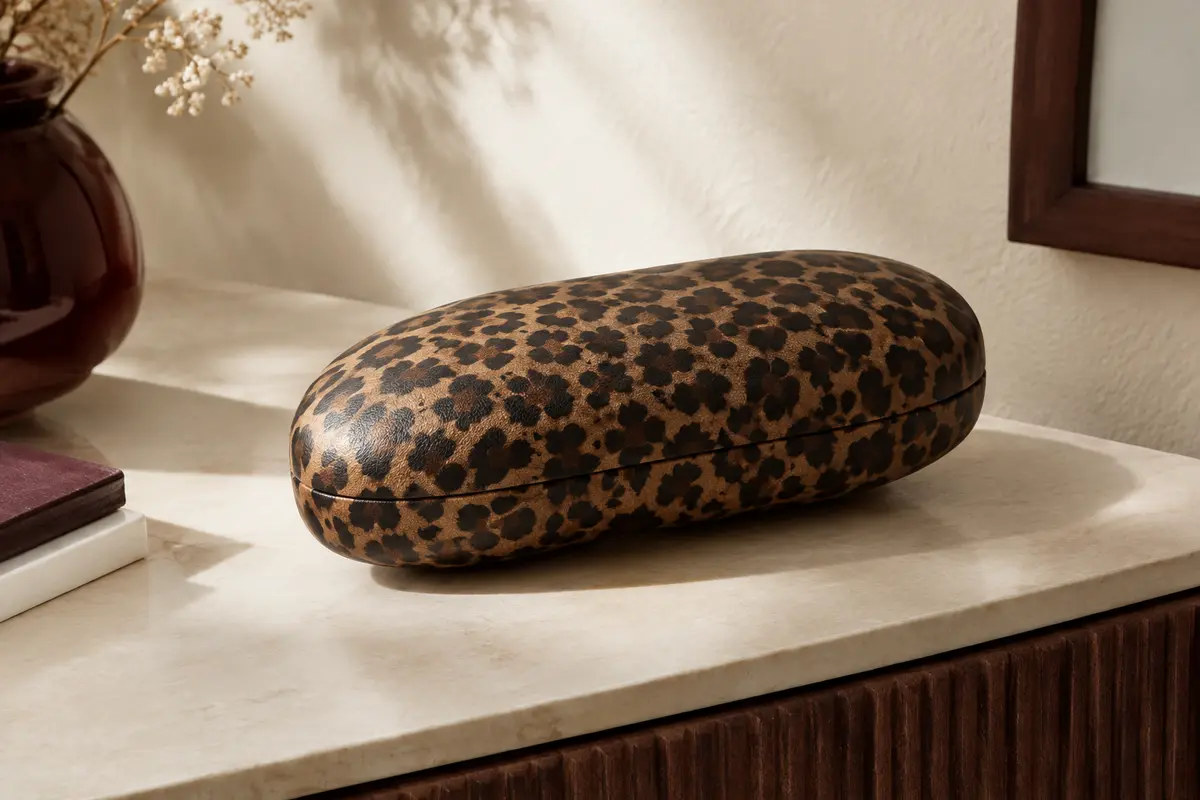 Étui à lunettes rigide incurvé MoKo en simili cuir à motif léopard, posé dans un intérieur sobre.