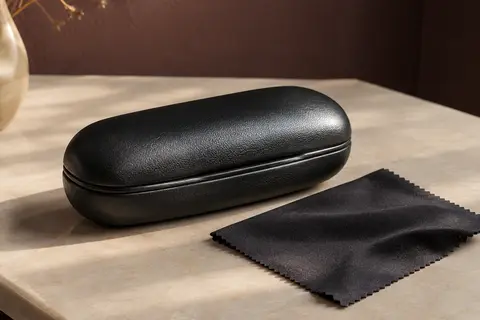 Étui à lunettes rigide noir en simili cuir avec bande centrale d’ouverture et chiffon de nettoyage posé à côté.