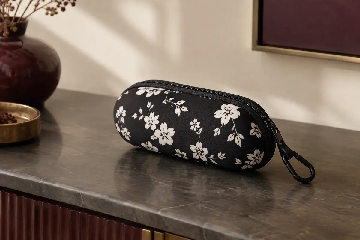 Étui souple à lunettes en néoprène noir à motif floral blanc, avec fermeture éclair et mousqueton.