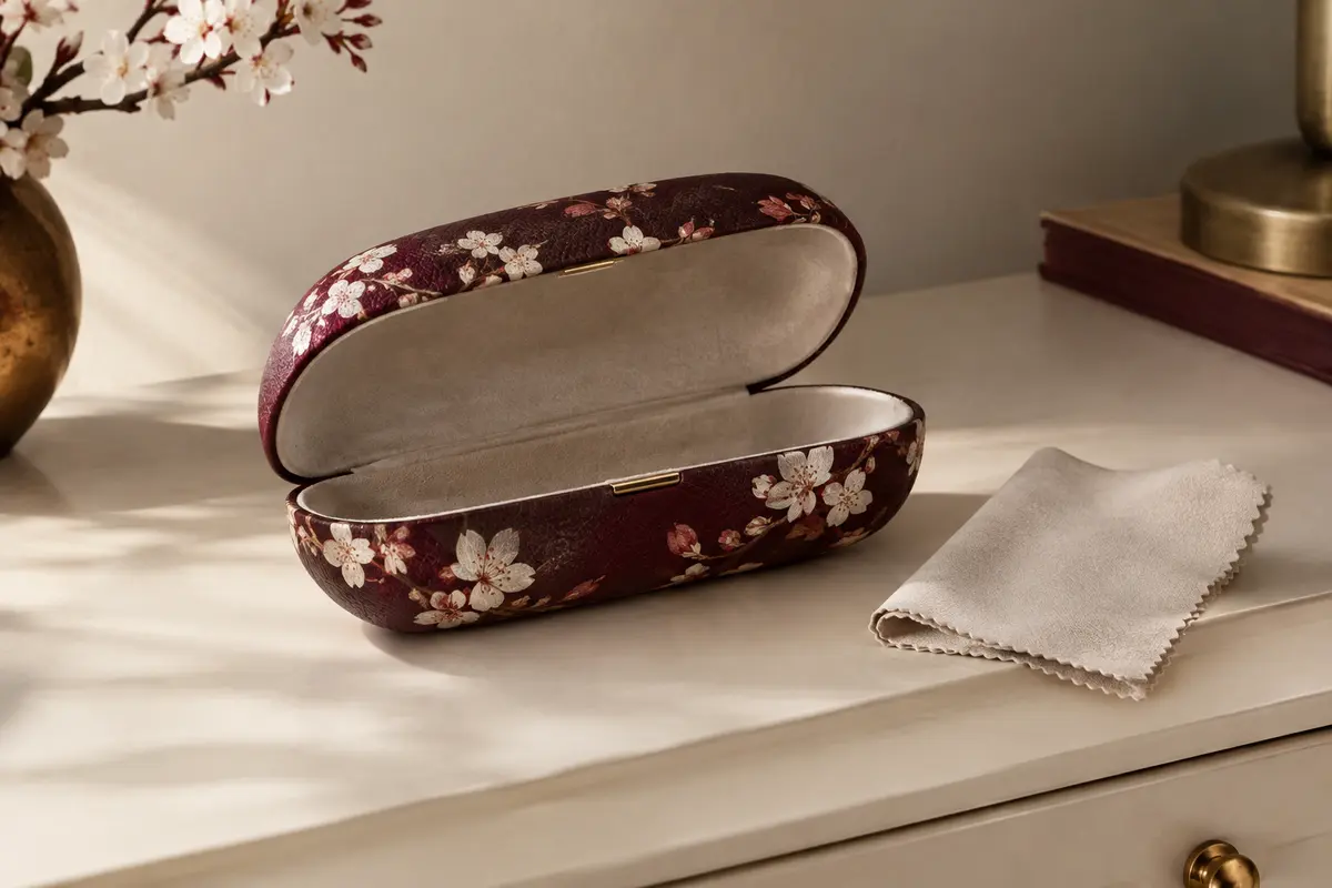 Étui rigide Molshine à motif de fleurs de cerisier, posé sur une console crème avec sa doublure visible.