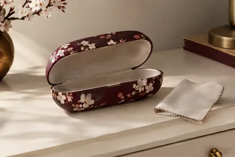 Étui rigide Molshine à motif de fleurs de cerisier, posé sur une console crème avec sa doublure visible.