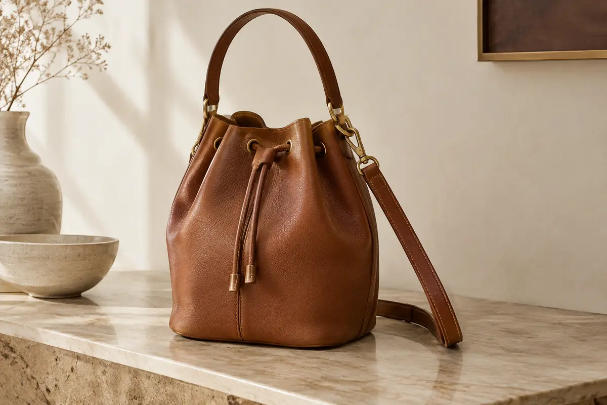 Sac seau marron en cuir de vache, posé sur une console crème, avec poignée et bandoulière visibles