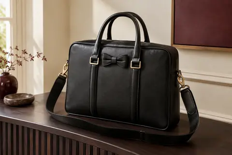 Sacoche d’ordinateur noire en simili cuir avec nœud papillon, boucles métalliques et bandoulières amovibles