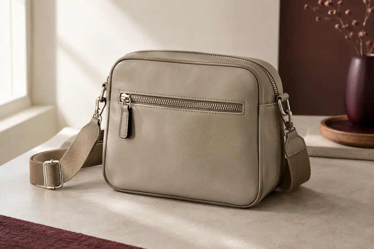 Sac bandoulière compact beige grisé en cuir synthétique, avec large sangle et poche avant zippée