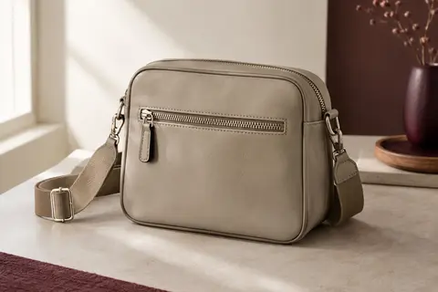 Sac bandoulière compact beige grisé en cuir synthétique, avec large sangle et poche avant zippée