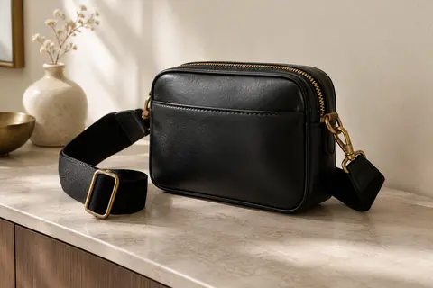 Petit sac bandoulière noir en simili cuir, avec sangle large réglable et fermeture zippée, posé dans un intérieur sobre.