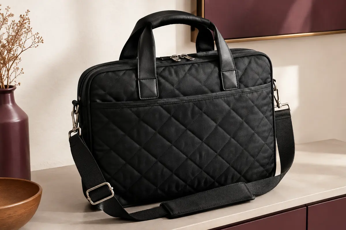 Sacoche ordinateur noire matelassée en polyester, avec poignées rembourrées et bandoulière, posée dans un intérieur crème.