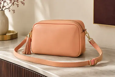 Sac bandoulière compact en polyuréthane abricot avec sangle amovible, poche zippée et pompon décoratif
