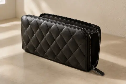 Portefeuille compagnon noir en aluminium matelassé, entrouvert sur son intérieur textile, posé sur une surface crème.