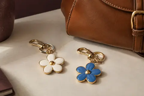 Deux porte-clés fleuris, l’un blanc et l’autre bleu, à finition dorée, posés près d’un sac en cuir noisette.