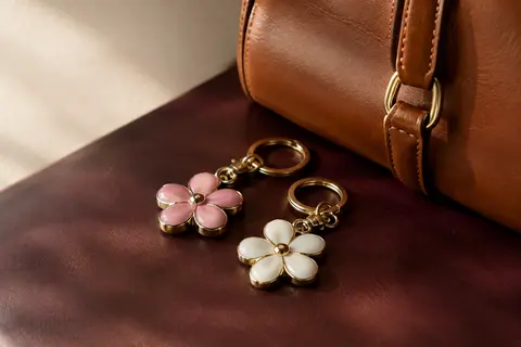 Deux porte-clés floraux en métal rose et blanc posés près d’un sac en cuir noisette.
