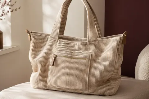 Cabas beige clair en velours côtelé, avec poche avant et silhouette souple, posé dans un intérieur crème.