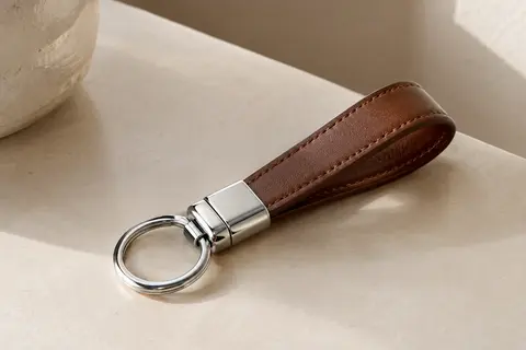 Porte-clés marron en simili cuir avec anneau et pièce de serrage en métal chromé