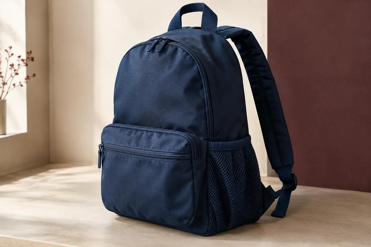 Sac à dos bleu marine en polyester avec poche avant zippée, poche en filet et bretelles rembourrées