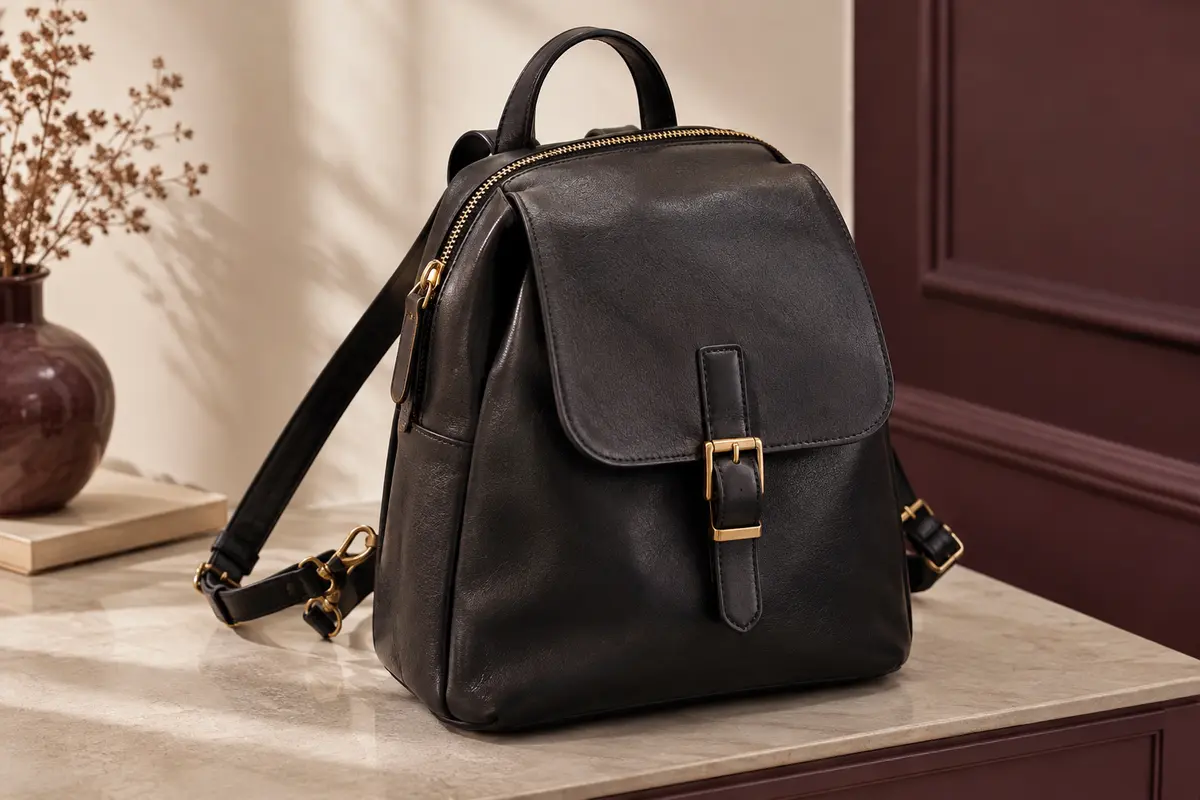 Sac à dos noir Realer en cuir fendu avec rabat, fermeture zippée et bretelles transformables