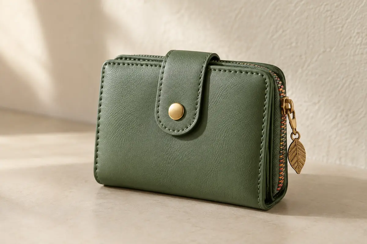 Portefeuille compact vert en cuir synthétique, avec fermeture éclair et pendentif feuille, posé sur un fond crème.