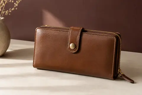 Portefeuille femme Roulens en cuir marron à deux volets, avec fermeture zippée et bouton-pression.