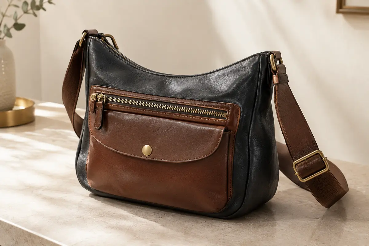 Sac bandoulière noir et marron à poches multiples, avec sangle réglable et poche avant zippée.