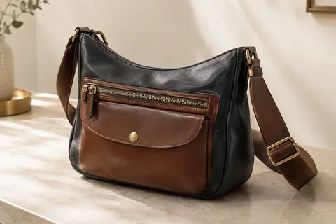 Sac bandoulière noir et marron à poches multiples, avec sangle réglable et poche avant zippée.