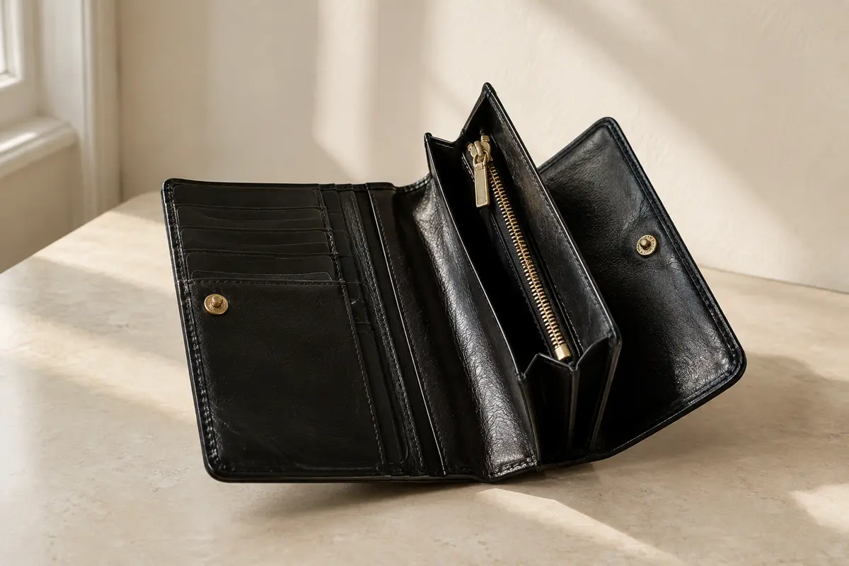 Portefeuille noir Orelia en cuir véritable entrouvert, avec ses rangements pour cartes et sa poche zippée