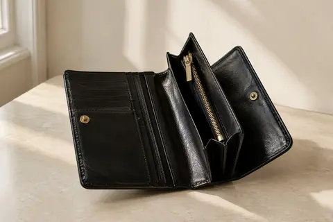 Portefeuille noir Orelia en cuir véritable entrouvert, avec ses rangements pour cartes et sa poche zippée