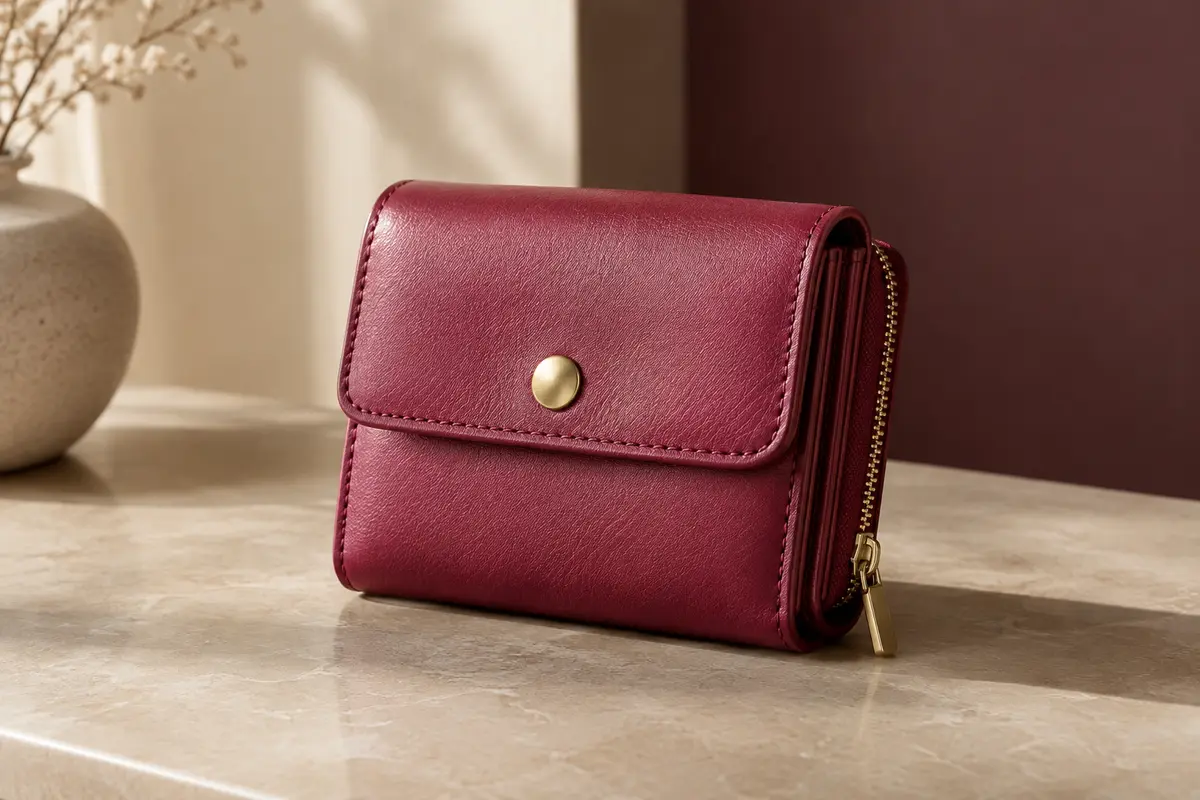 Portefeuille compact en simili cuir rose foncé avec fermeture pression et poche zippée, posé dans un décor sobre.