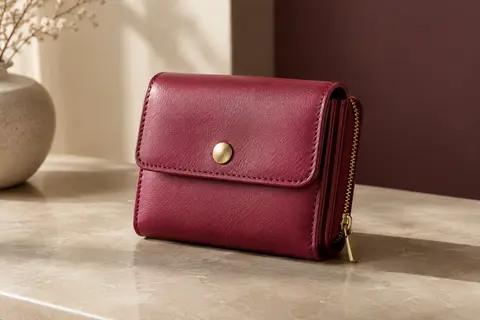 Portefeuille compact en simili cuir rose foncé avec fermeture pression et poche zippée, posé dans un décor sobre.
