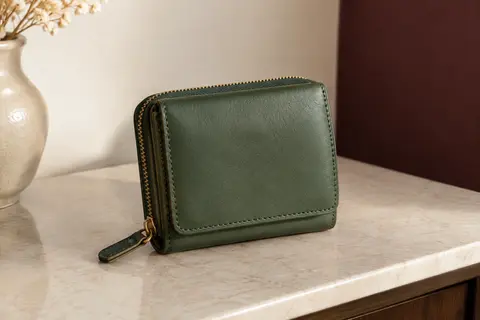 Portefeuille compact vert en simili cuir posé dans un intérieur sobre, avec fermeture éclair visible