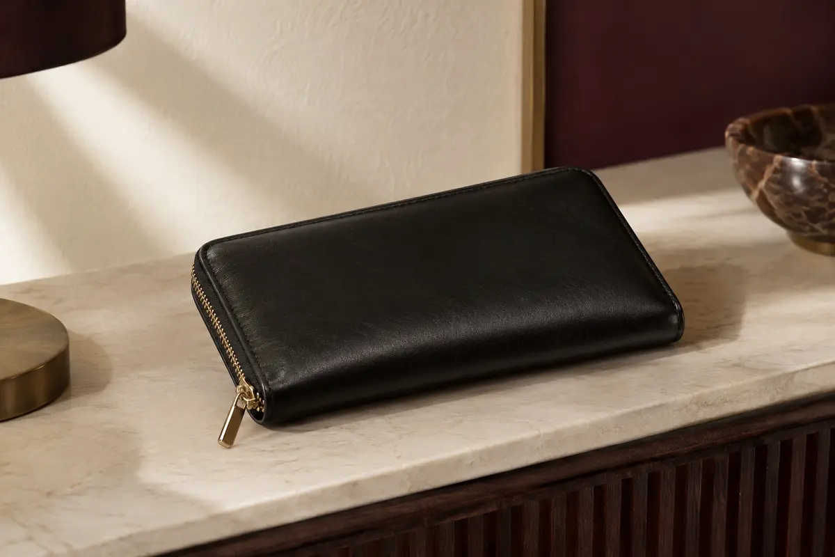 Portefeuille long noir en simili cuir posé dans un intérieur crème, avec fermeture éclair métallique visible.