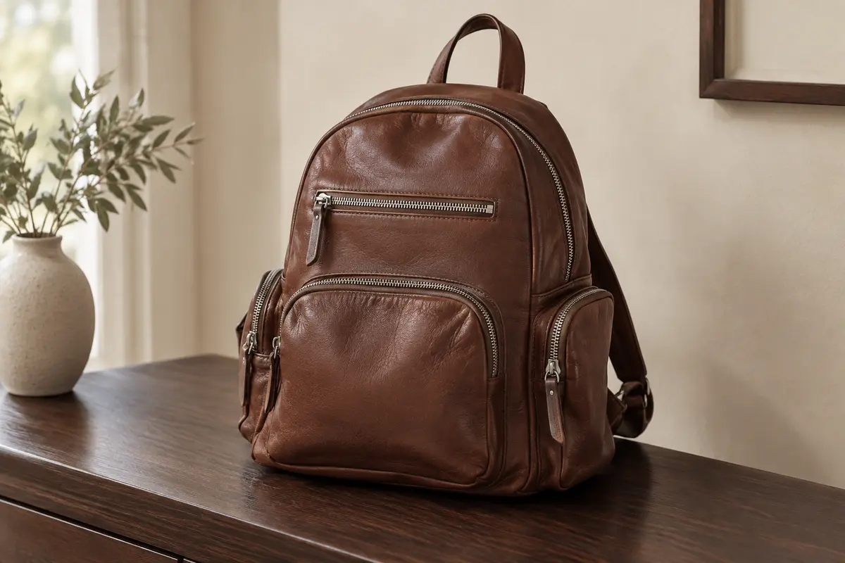 Sac à dos femme en cuir marron avec poches zippées et fermetures argentées, posé dans un intérieur sobre.