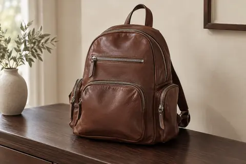 Sac à dos femme en cuir marron avec poches zippées et fermetures argentées, posé dans un intérieur sobre.