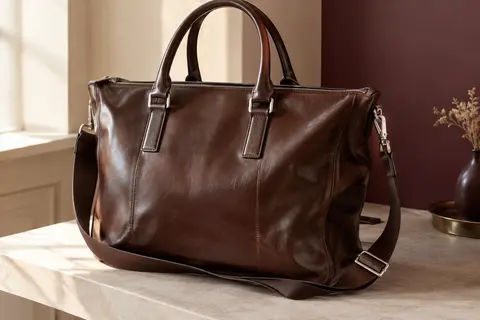 Sac cabas en cuir marron foncé avec poignées, bandoulière réglable et détails métalliques argentés