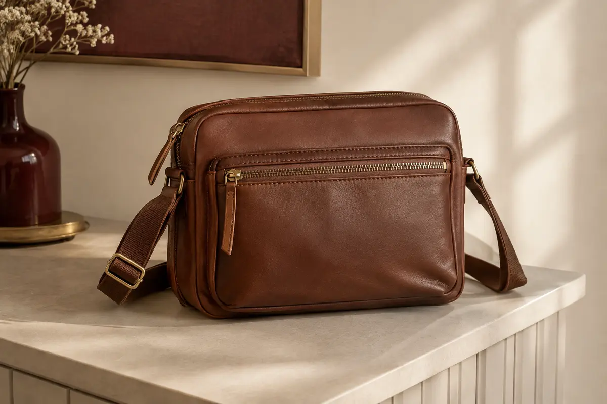 Sac bandoulière marron en simili cuir avec plusieurs poches zippées, posé dans un intérieur sobre.
