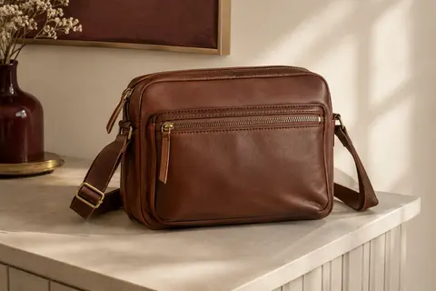 Sac bandoulière marron en simili cuir avec plusieurs poches zippées, posé dans un intérieur sobre.
